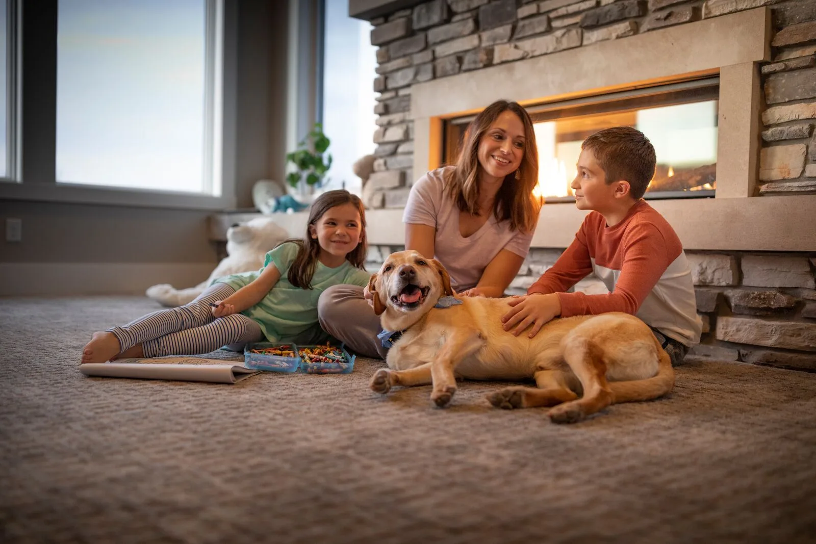 A family and their dog on the rug in front of a stone fireplace (manufacturer lifestyle photo)