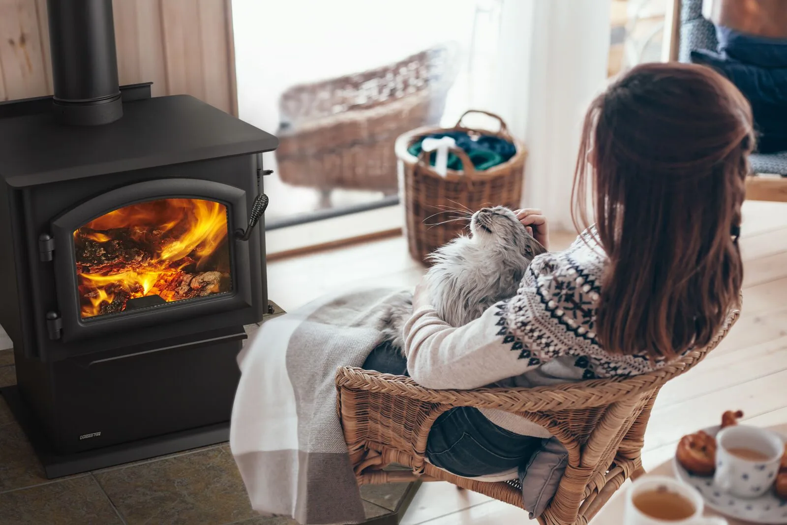 A woman and her cat beside a black Quadra-Fire 21M wood stove on a winter afternoon (manufacturer lifestyle photo)