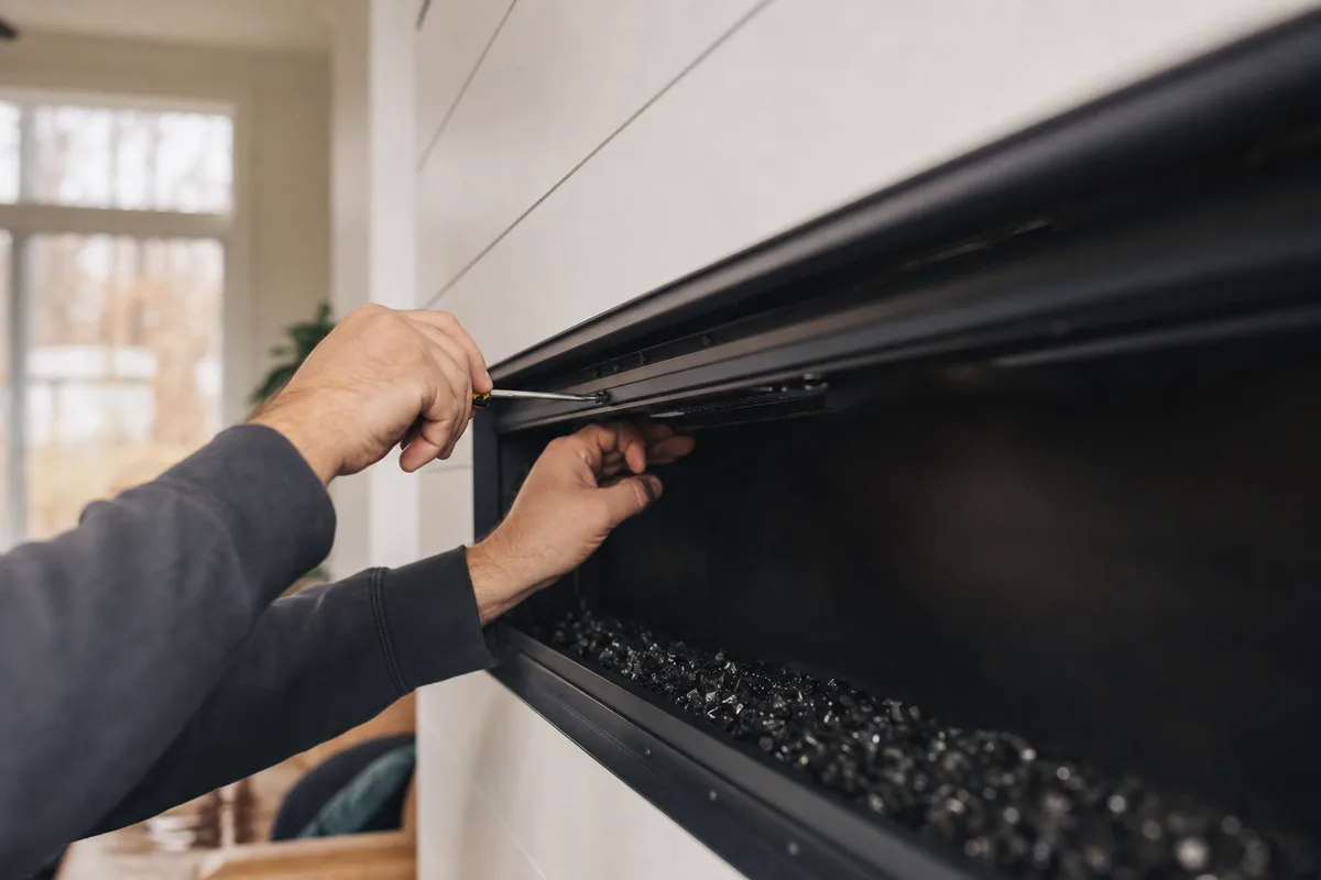 A technician's hands with a screwdriver at the open front of a linear electric fireplace insert