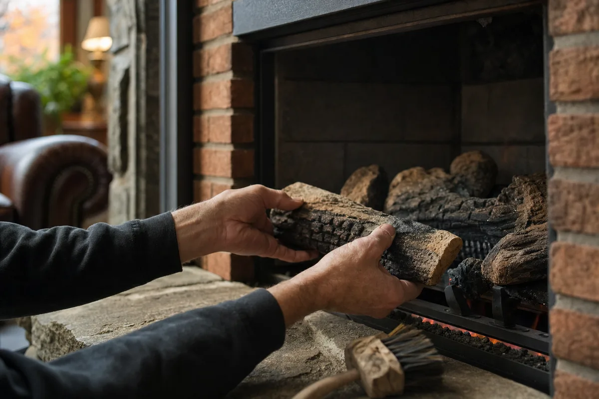 A technician's hands setting a ceramic log onto the burner of a gas fireplace
