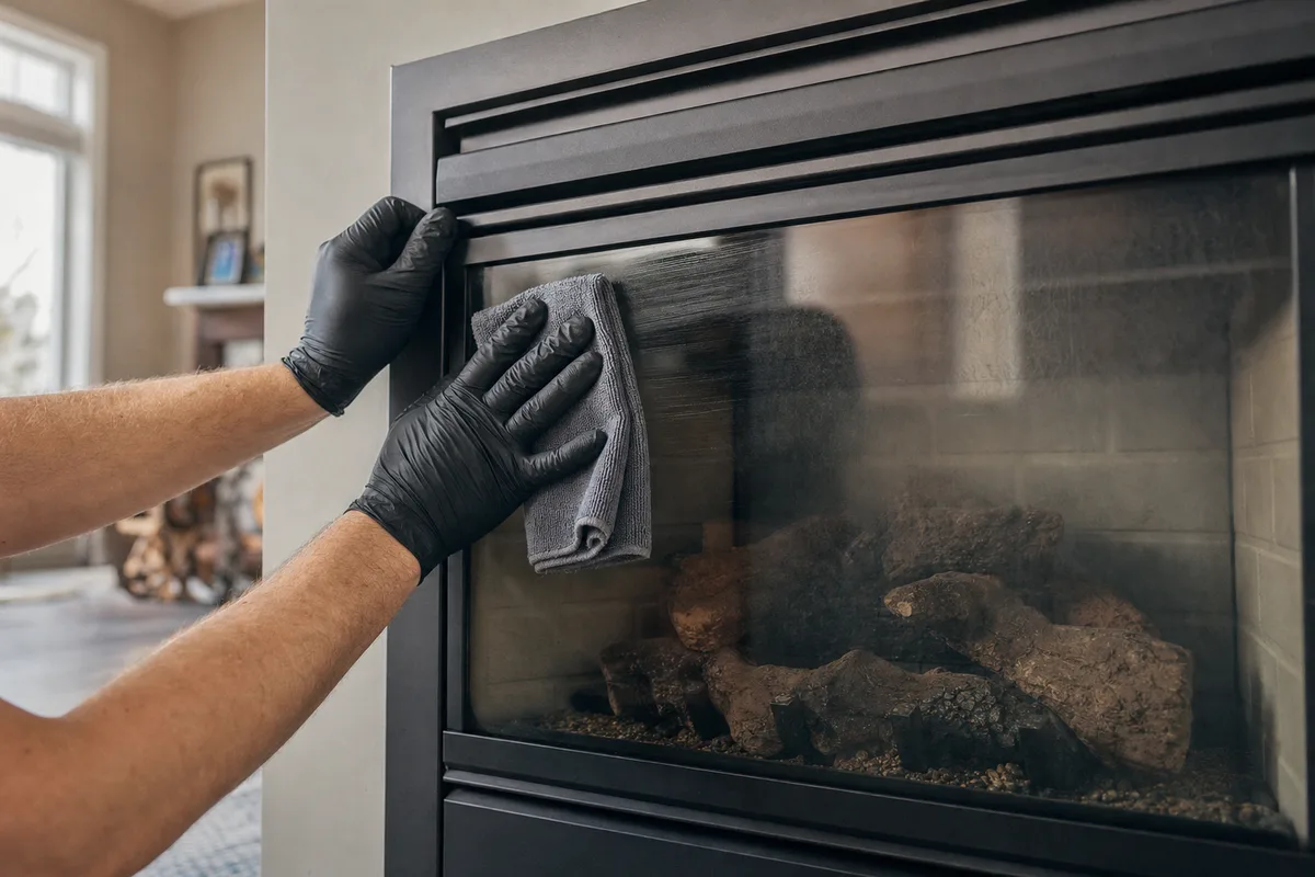 Gloved hands wiping the glass door of a cold gas fireplace with a cloth