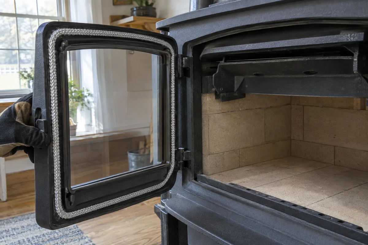 A gloved hand checking the gasket on the open door of a wood stove