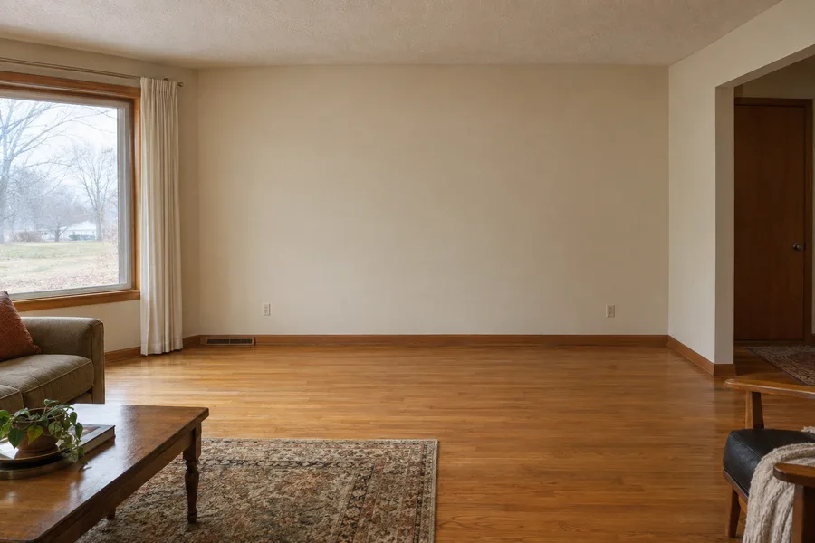 An empty living-room wall in an older home, oak floors, bare trees through the window