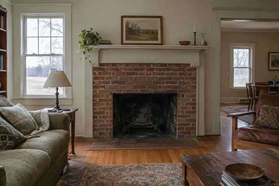 An open brick fireplace with a painted mantel in a living room with winter light