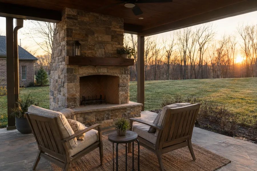 A stone fireplace on a covered patio at sunset over an open field