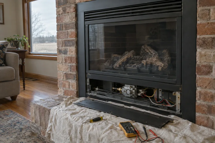 A gas fireplace insert with its lower panel open for service, a multimeter on the hearth